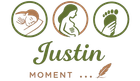 Logo pour « Justin Moment » avec trois icônes représentant un visage, une femme enceinte et des empreintes de bébé.