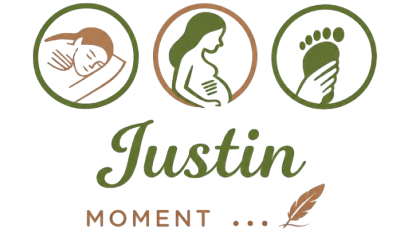 Logo pour « Justin Moment » avec trois icônes représentant un visage, une femme enceinte et des empreintes de bébé.