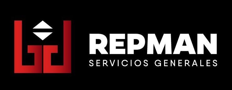 A black and red logo for repman servicios generales