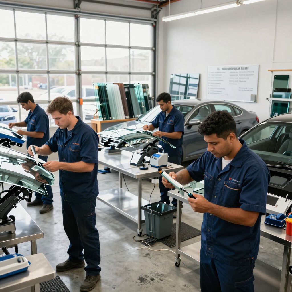 Quattro operai in uniforme blu installano parabrezza in un'officina con auto e finestre.