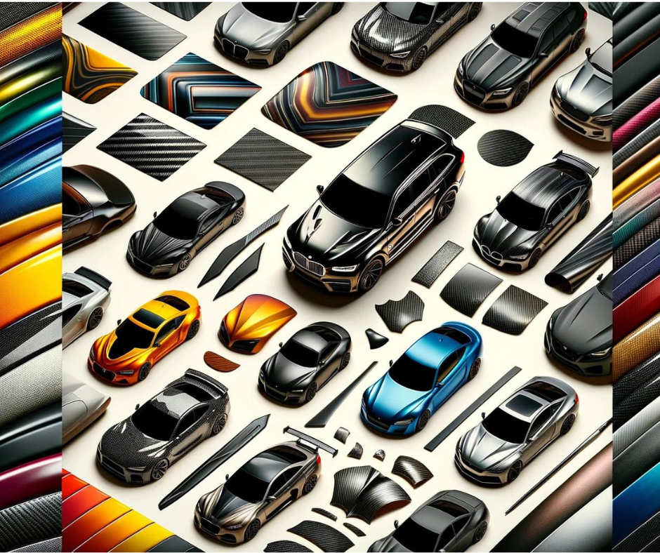 Automobili e texture metalliche disposte su uno sfondo bianco, che mostrano vari colori e disegni.