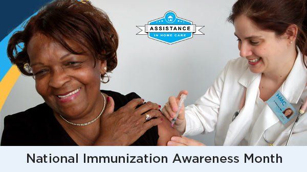 A woman is getting a vaccine from a doctor during national immunization awareness month