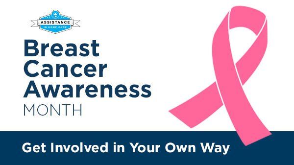 A pink ribbon is on a blue background for breast cancer awareness month.