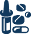 A blue icon of a cone , pills , and a bottle on a white background.