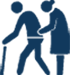 A man with crutches is being helped by an elderly woman.