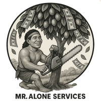 Black-and-white logo of a smiling person holding a chainsaw under a tree, with "MR. ALONE SERVICES" text.