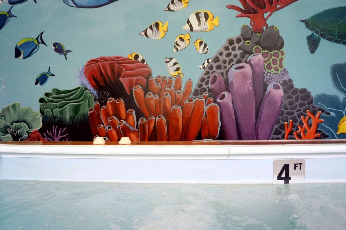 A swimming pool with a painting of corals and fish on the wall
