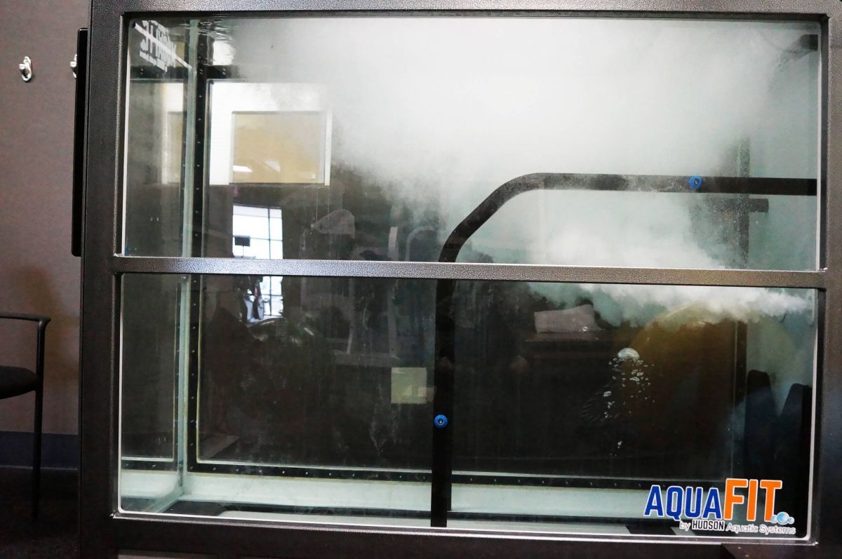 A large window with the word aquafit on it