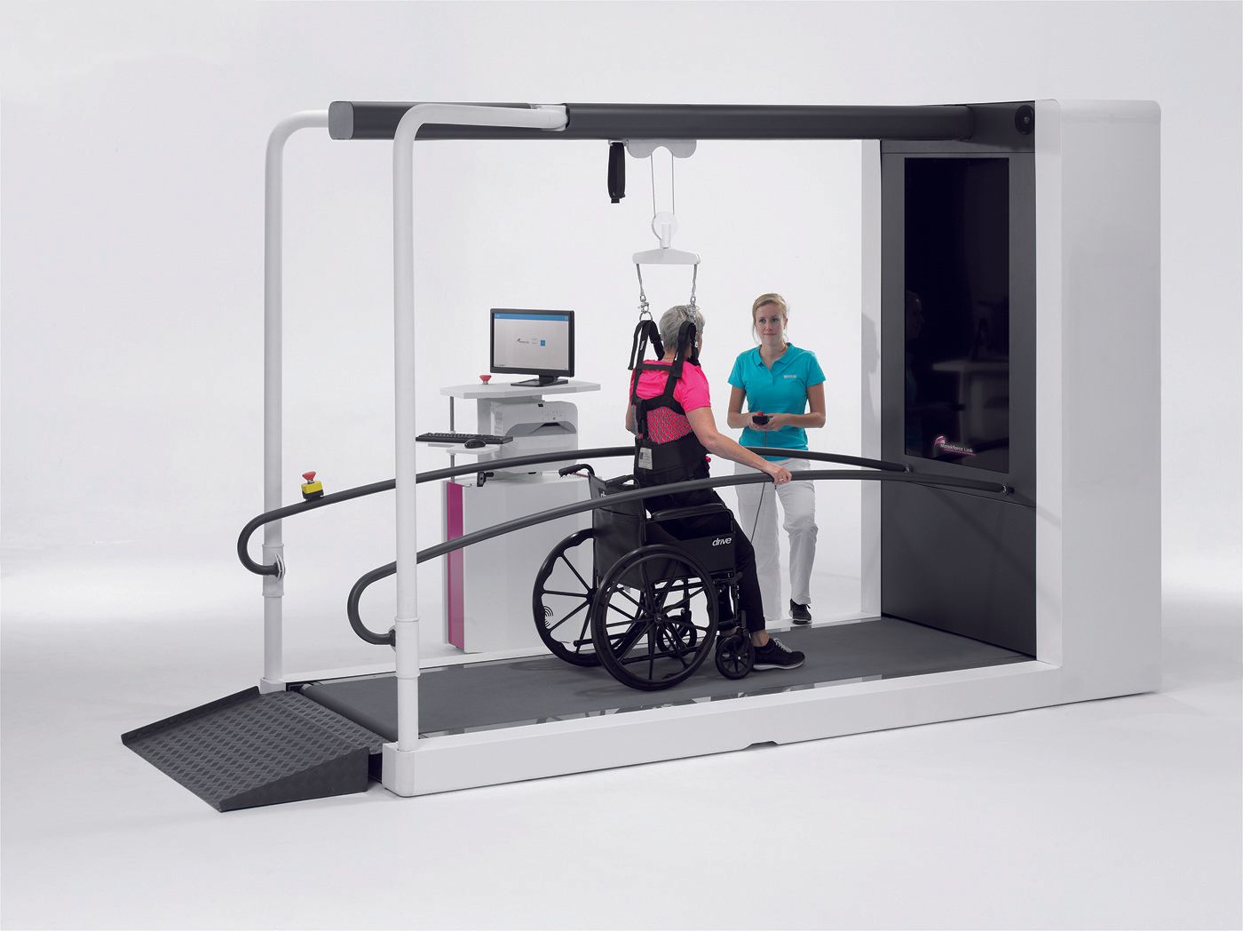 A woman in a wheelchair is being assisted by a nurse