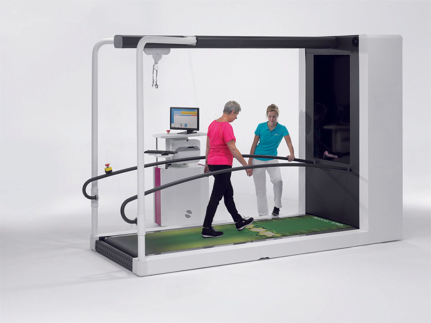 A man and a woman are walking on a treadmill.