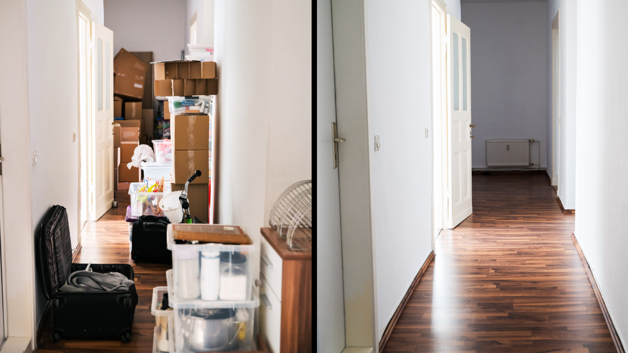 A before and after photo of a hallway with wooden floors.