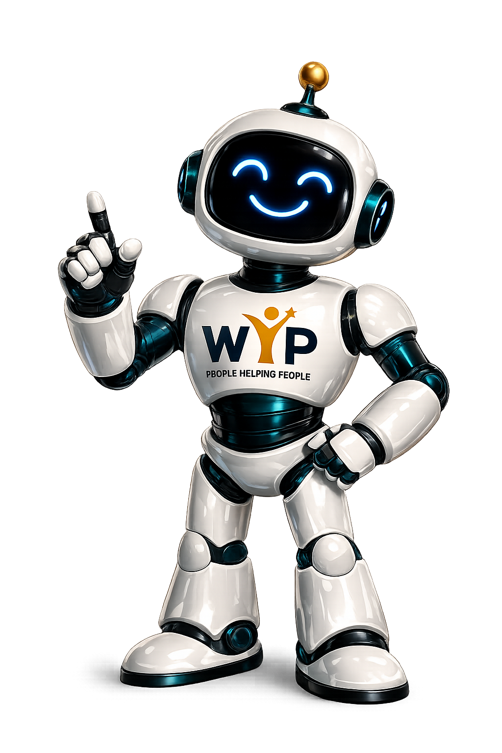 Smiling white robot mascot with blue lights, pointing upward and wearing a WYP logo on its chest