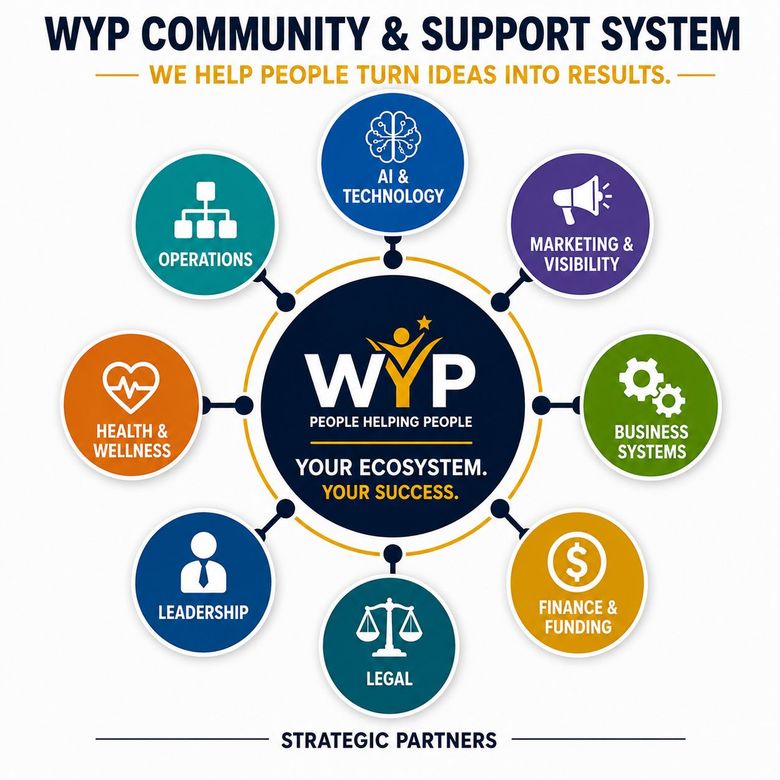 WYP community support system infographic with central logo and six colored service icons around it