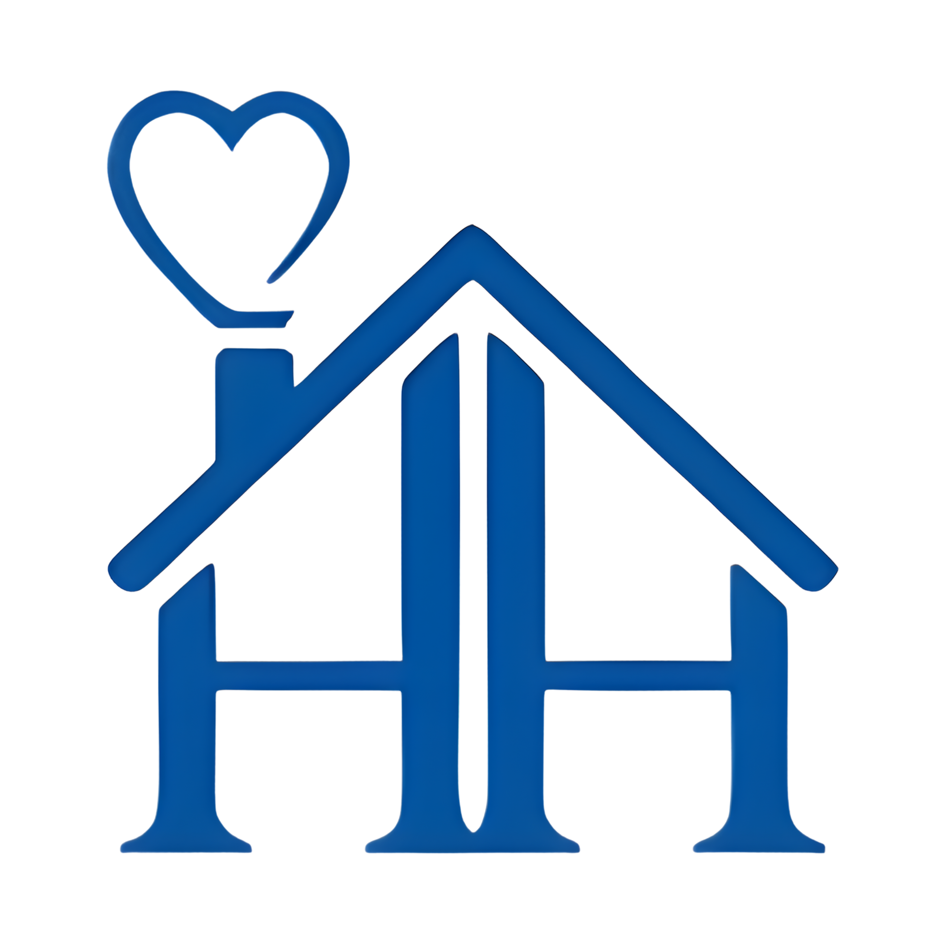 Blue logo: stylized house with chimney, heart, and 
