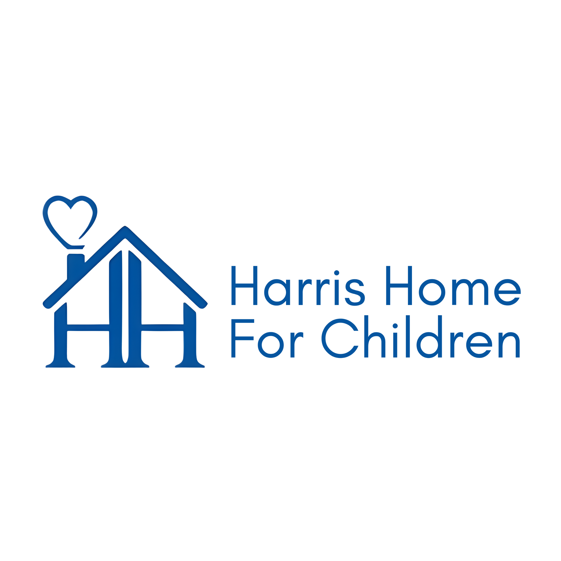 Blue logo of a house with a heart on the chimney, the words 