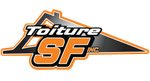 Logo Toiture SF en orange, noir et blanc avec un contour de toit et un texte en italique