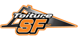 Logo Toiture SF en orange, noir et blanc avec un contour de toit et un texte en italique
