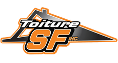 Logo Toiture SF en orange, noir et blanc avec un contour de toit et un texte en italique