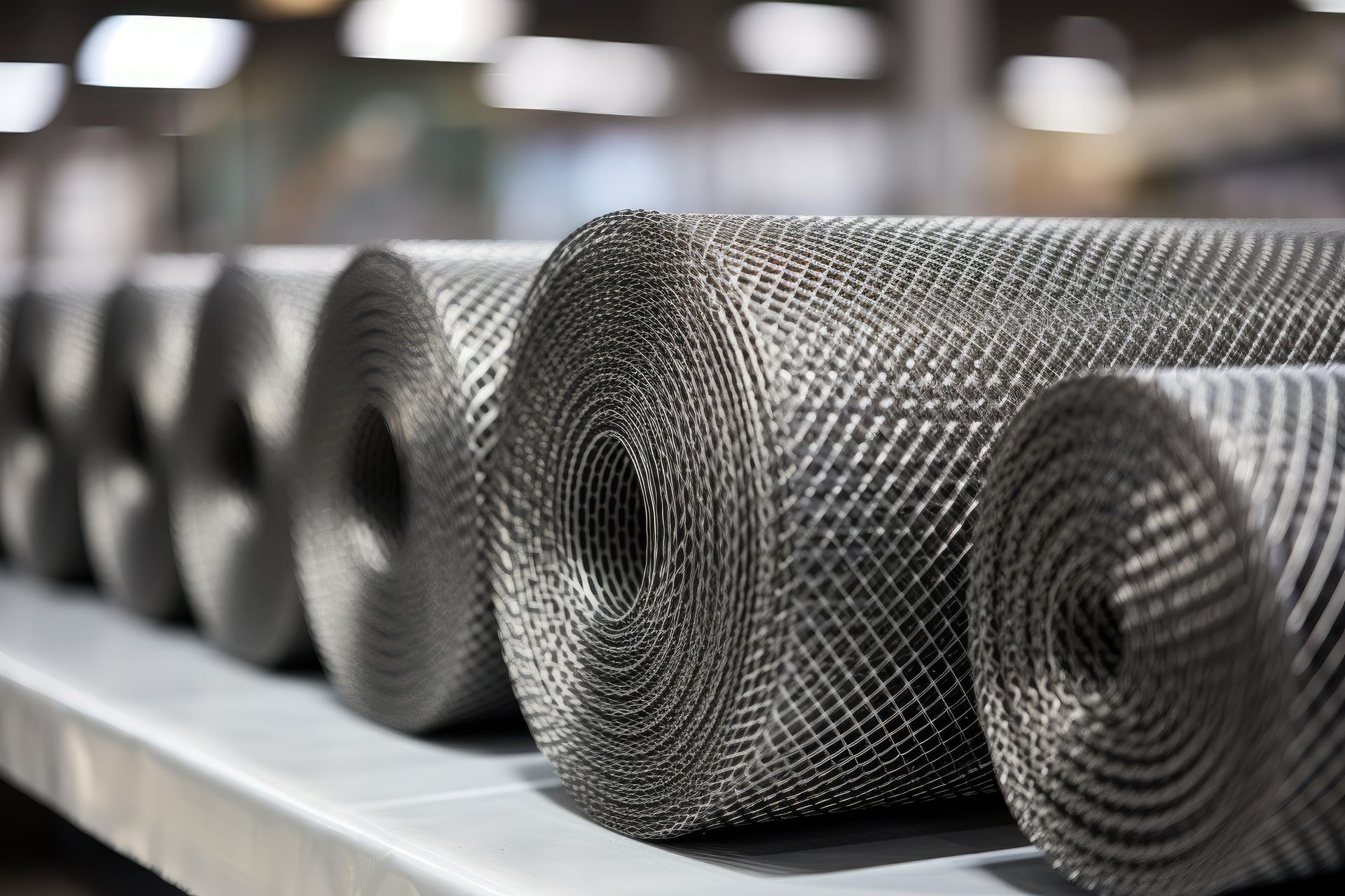 Rolls of metal mesh on a surface, likely in a factory or industrial setting. Rolls of metal mesh on a surface, likely in a factory or industrial setting.