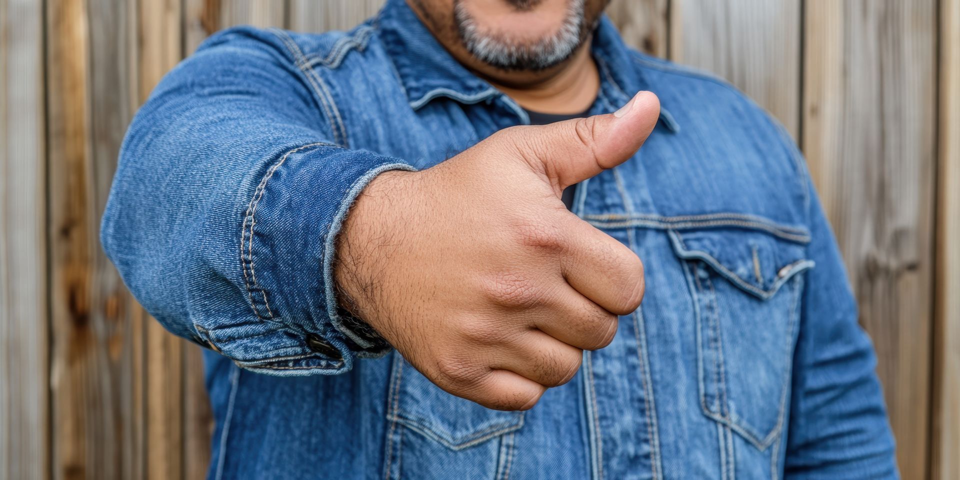 Person in denim jacket giving a thumbs up.