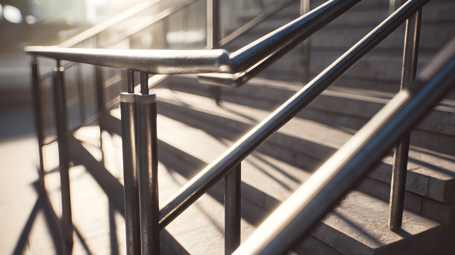 Metal handrails on outdoor stairs; sunlight casts shadows.