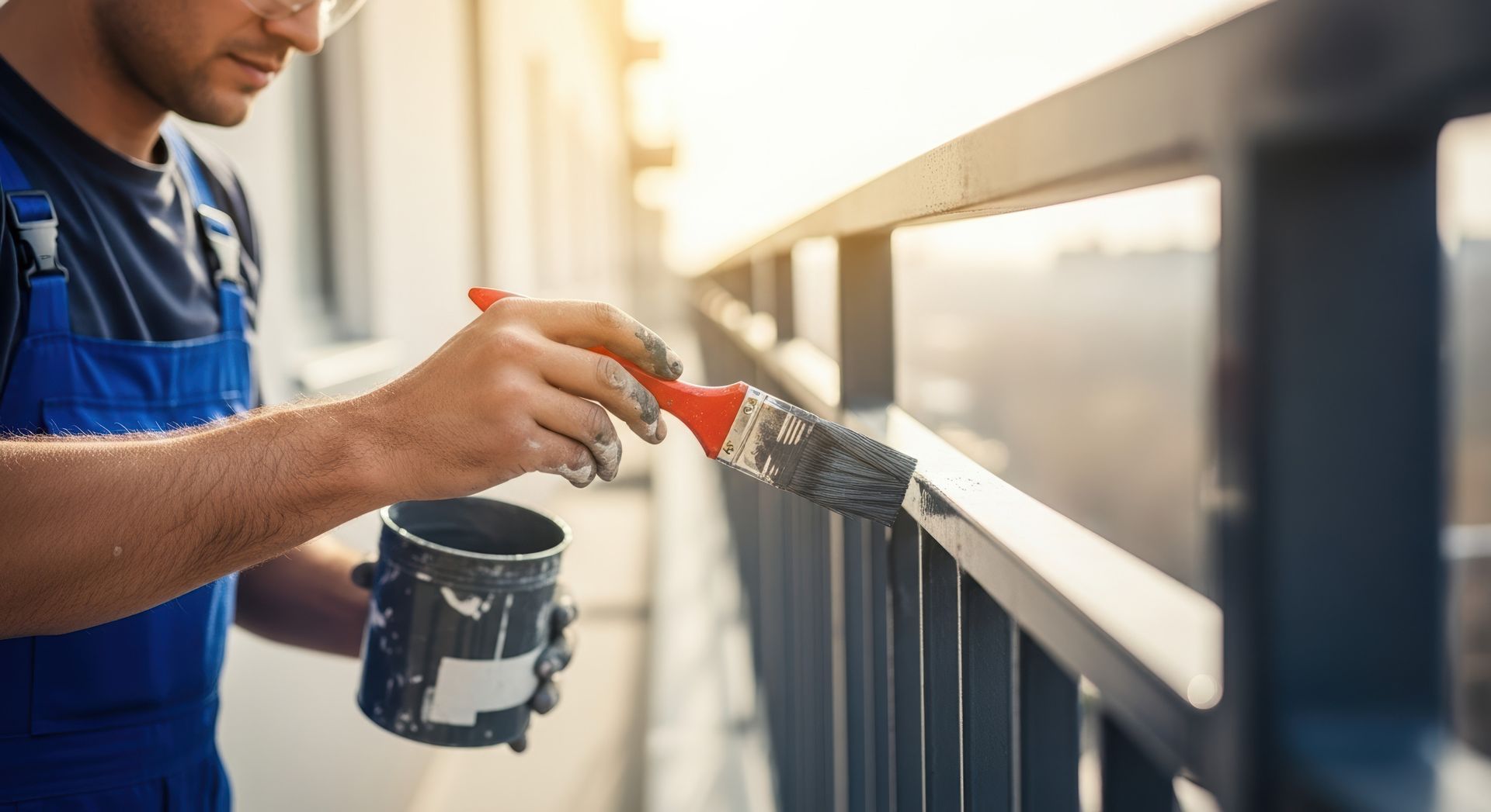 Person painting black metal railing on a balcony with a paint brush and a dark paint can.