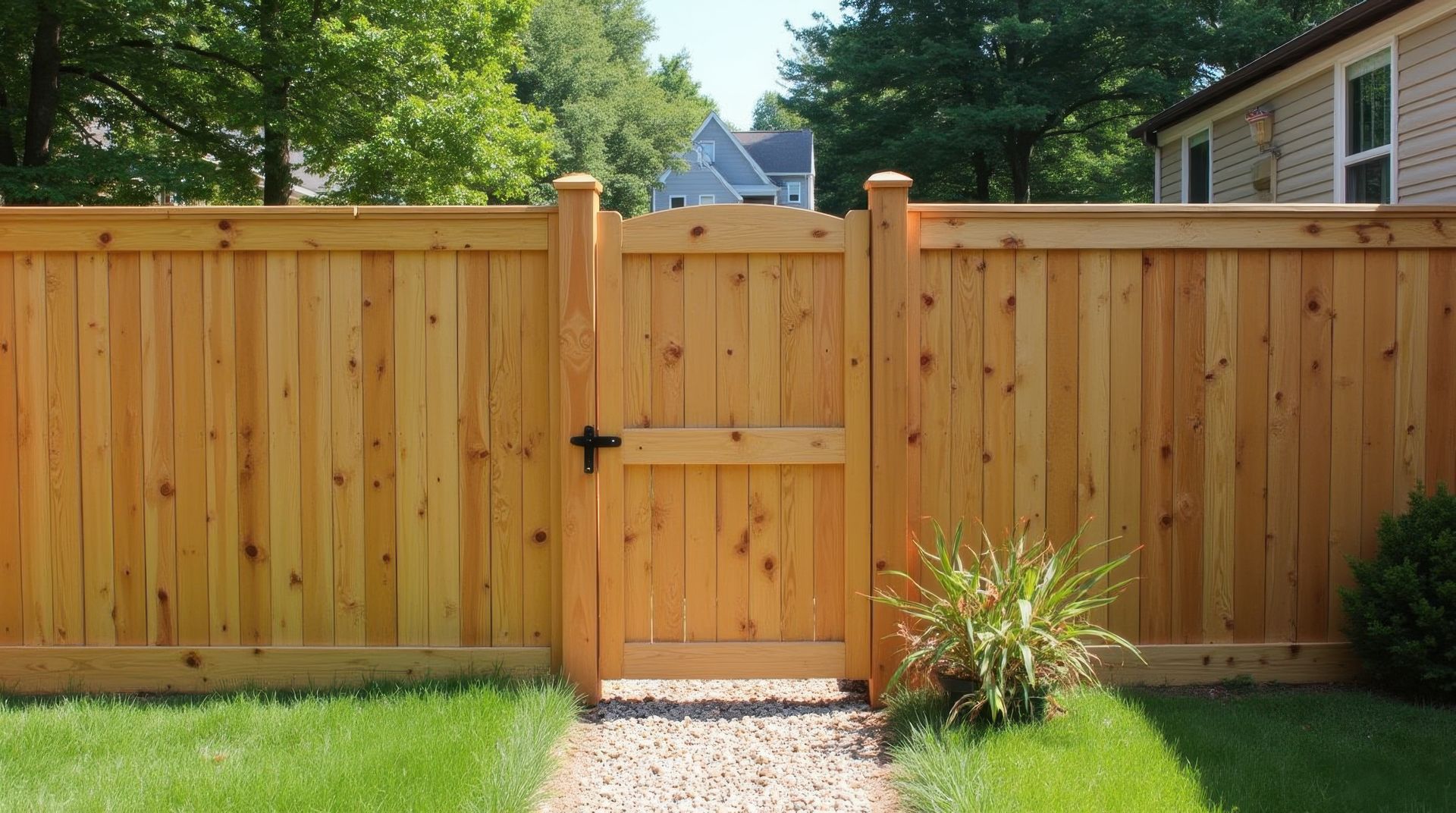 Wooden fence and gate with gravel path and green grass.