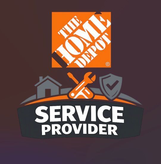 The Home Depot Service Provider logo: orange box logo, tools, house silhouette, shield, and 