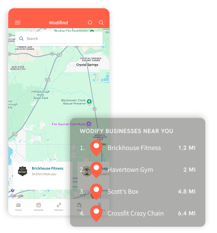 Mobile app showing a map and a list of nearby fitness businesses: Brickhouse, Havertown Gym, Scott's Box, and CrossFit.