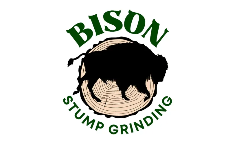 Bison Stump Grinding logo with green text and a black tree stump graphic over wood rings