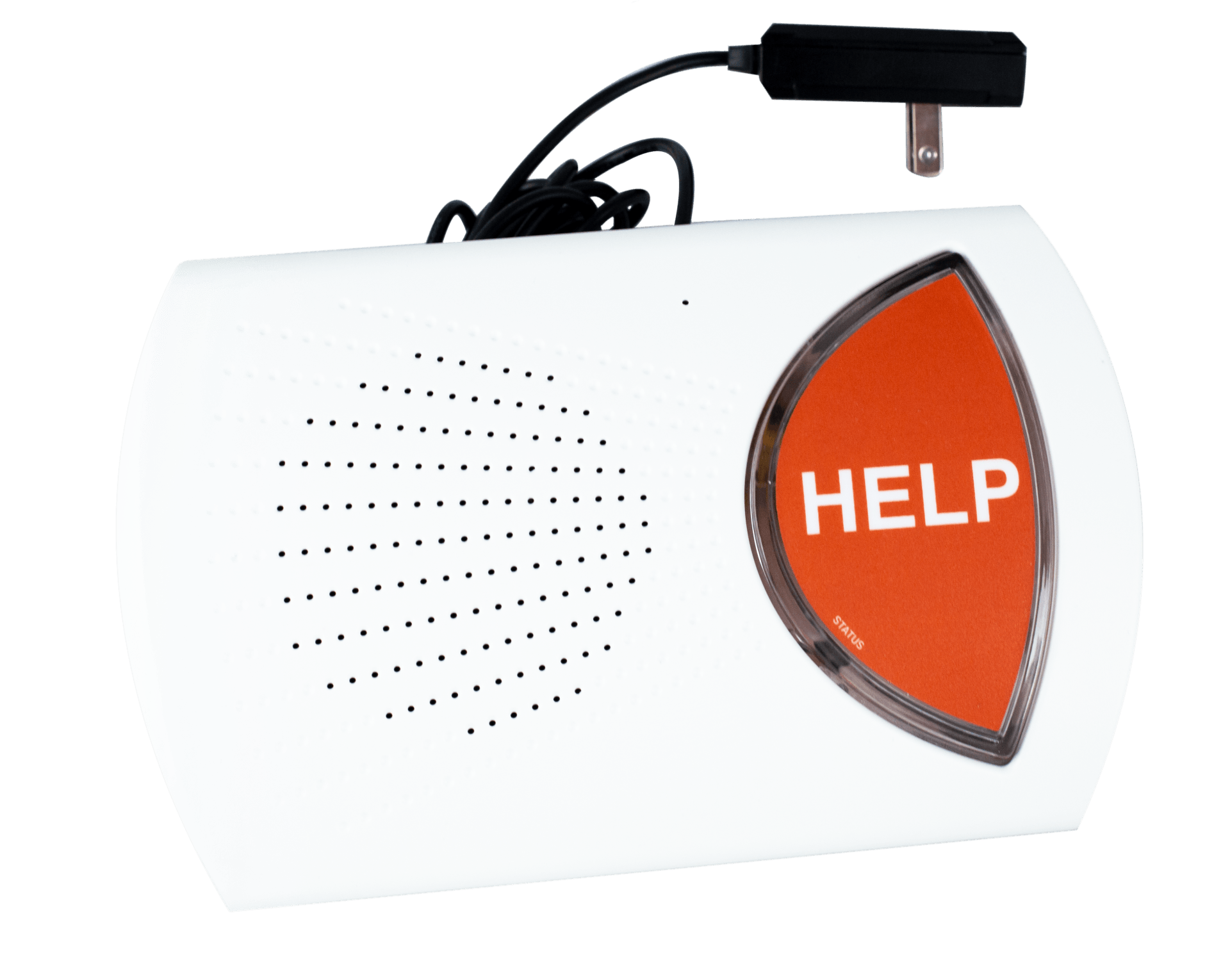 A help button is attached to a white device