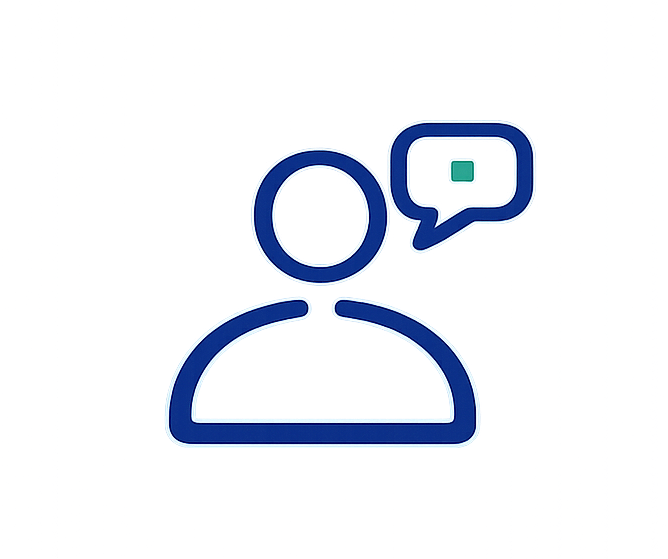 Blue outline of a person with a speech bubble containing a chat icon