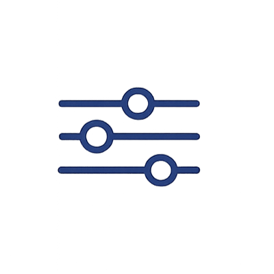 Blue settings sliders icon with three horizontal lines and circular knobs