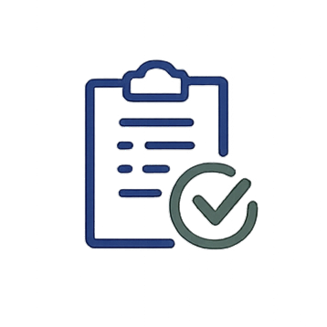 Clipboard checklist icon with blue outline and green check mark