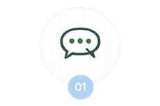 Green chat bubble icon above a blue circle labeled “01”
