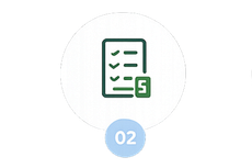 Checklist icon with a small green number 5 badge and blue circle labeled 02