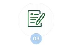 Green form and pencil icon above a blue circle labeled “03”