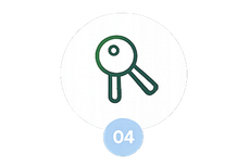 Green magnifying glass icon inside a circle, with a small blue “04” badge below.