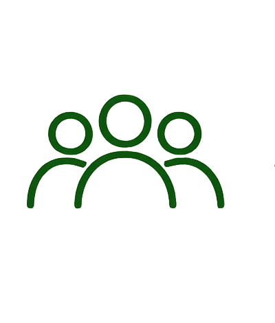 Green outline icon of three people on a white background