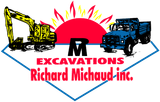 Logo de Richard Michaud Inc. Excavations avec une excavatrice jaune, un camion-benne bleu et un soleil rouge.