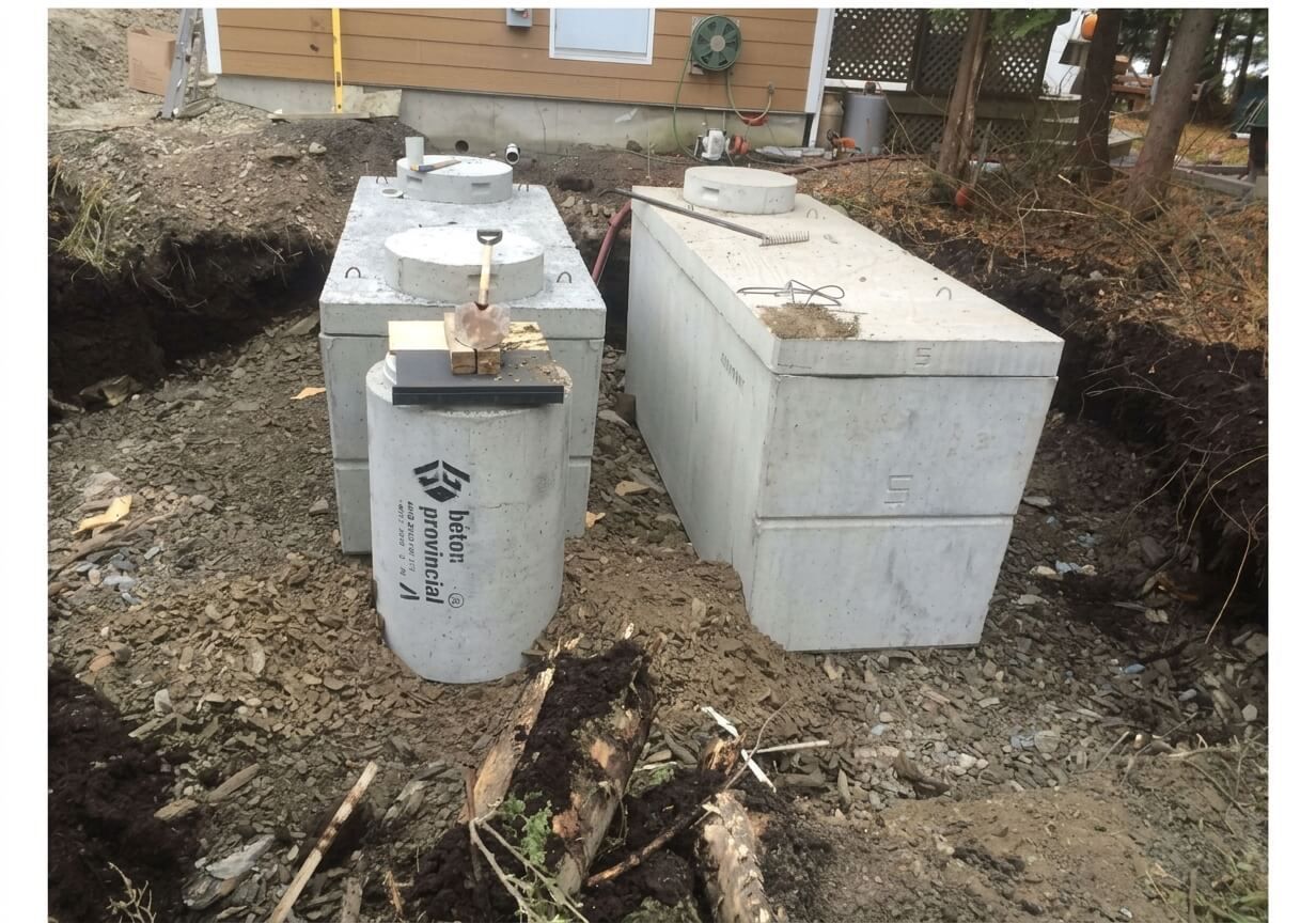 Fosses septiques en béton et réservoir rond Béton Provincial installés dans une tranchée près d'une maison.