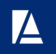 White stylized “A” logo on a blue square background