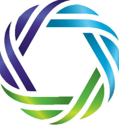 Abstract circular logo with interwoven purple, blue, and green ribbon-like segments on white background
