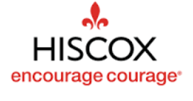 HISCOX logo with red emblem and tagline “encourage courage” in red text