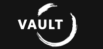 White “VAULT” text inside a circular brushstroke logo on a black background