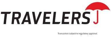 Travelers logo in black with red umbrella icon on white background
