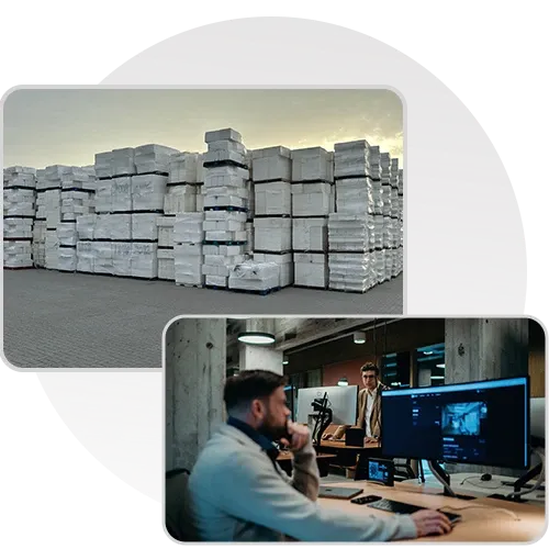 Pallets of stacked white blocks and a man editing video on a computer.