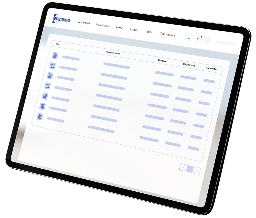 Tablet displaying a table with rows of data and column headers. Blue UI.