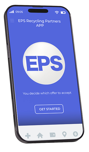 EPS Recycling Partners app screen showing a blue background with a white EPS logo and the text 