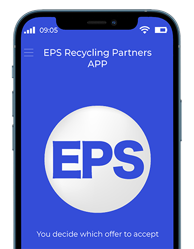 Smartphonescherm met het logo van de EPS Recycling Partners APP, een witte EPS in een witte cirkel, op een blauwe achtergrond.
